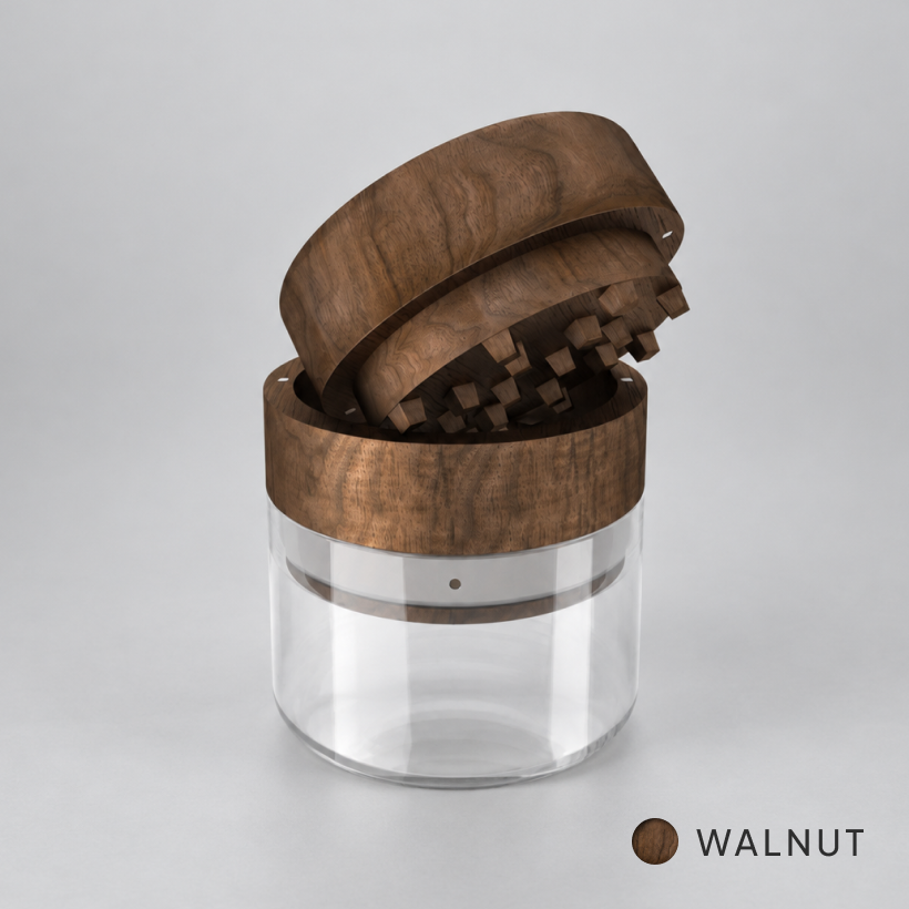 Endless walnut wood and glass herb grinder